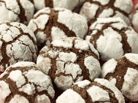 Closeup of delicious chocolate cookies with icing sugarの写真素材