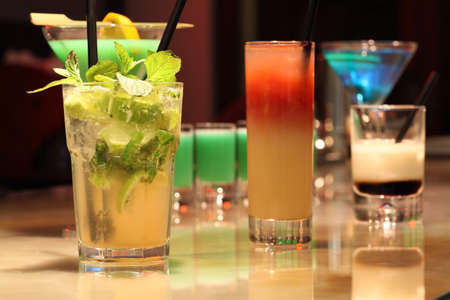 Closeup of a colorful cocktails in bar