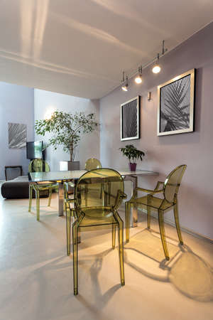 Interior of a modern dining room with plastic table