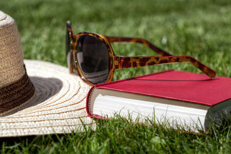Closeup of a straw hat, sunglasses and a bookの写真素材