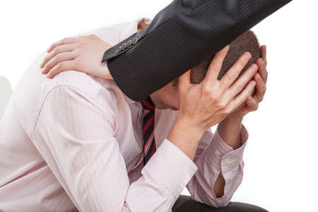 Sad man and his helpful friend on isolated background