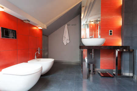 Red and grey bathroom with wc and bidetの写真素材