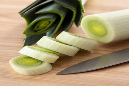 Close up of fresh leek prepared for a diet dishの写真素材