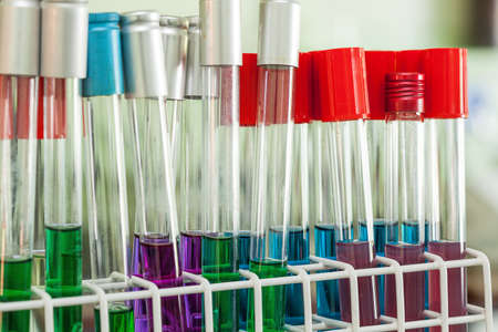 Closeup of a colorful chemical substance in test-tubesの写真素材