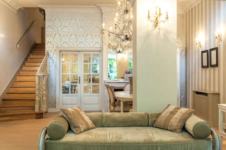 Vintage mansion - an antique khaki couch in a retro living room