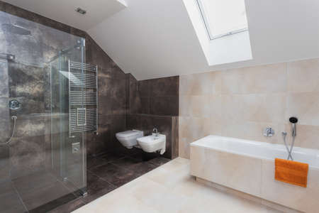 Bathroom with glass shower, toilet, bidet and bath