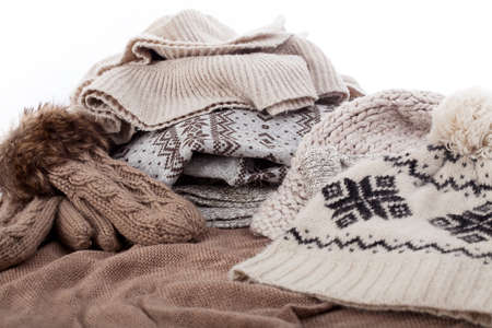 Closeup of a winter stuff  hat, gloves and scarf