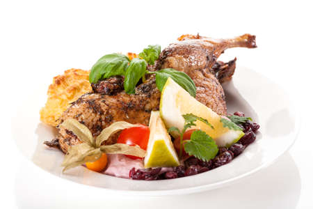Restaurant dish - tasty chicken wing with baked mashed potatoesの写真素材