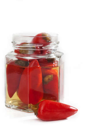 Jar with red and very spicy chilli peppers