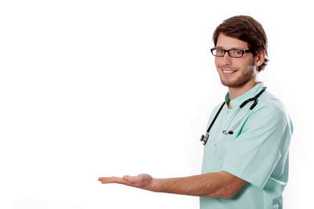 Young smiling male doctor in glasses with stethoscopeの写真素材
