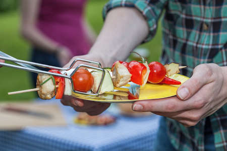 A lunch dish consisting of a tomato, courgette and chicken shashlikの写真素材