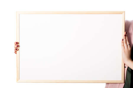 Woman hands holding white board with blank placeの写真素材
