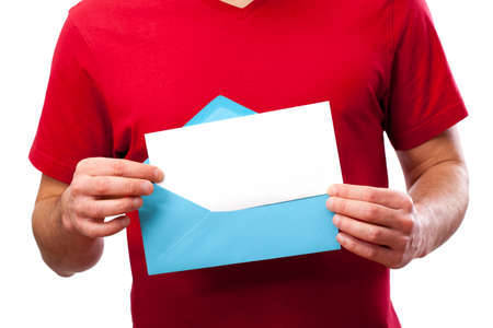 Blank card in blue envelope, place for your textの写真素材