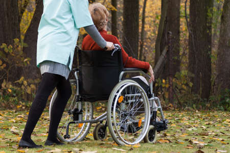 Nurse with disabled lady on wheelchair outdoorsの写真素材
