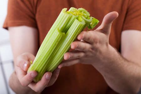 A closeup of a man holding fresh celery sticksの写真素材
