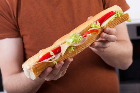 A closeup of a man holding a healthy vegetable sandwichの写真素材