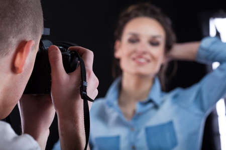 Close-up of a taking professional photo, horizontalの写真素材