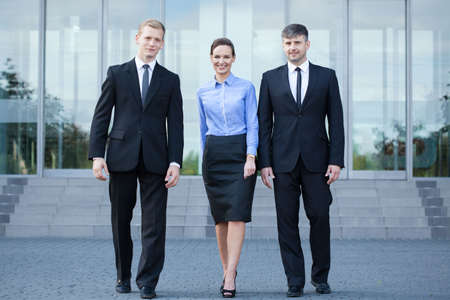 Horizontal view of people after business meetingの写真素材