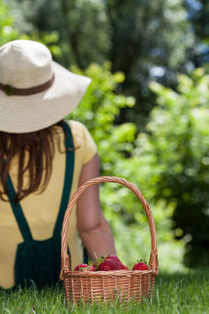 Woman with a basket full of strawberriesの写真素材