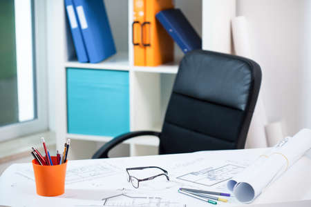 Horizontal view of an empty architect's workplaceの写真素材