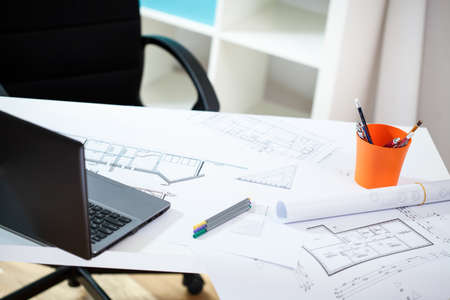 View of workplace in the architectural officeの写真素材