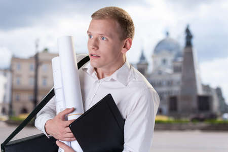 Scared architect before meeting in the cityの写真素材