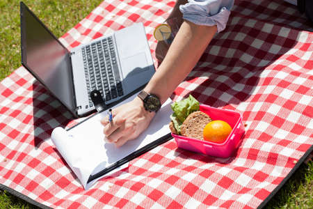 Businessman working during a break in the gardenの写真素材