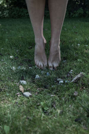 Close up of toes touching the grass in the gardenの写真素材