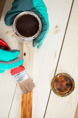 Top view of painting wooden board, verticalの写真素材