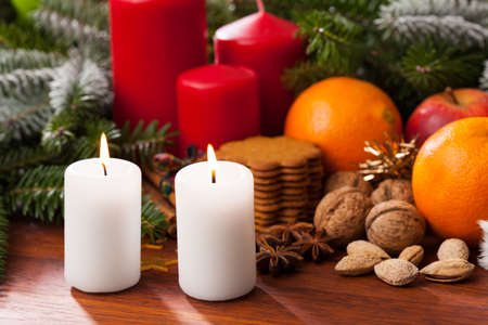 View of candles on a christmas tableの写真素材