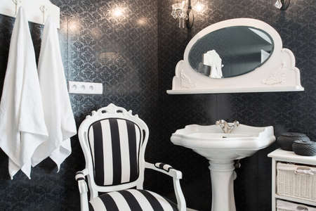 Extravagant bathroom with black wall and white basinの写真素材