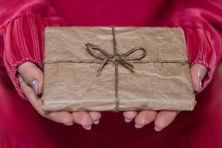 View of female hands with christmas giftの写真素材
