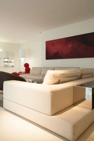 View of beige sofa inside designed roomの写真素材
