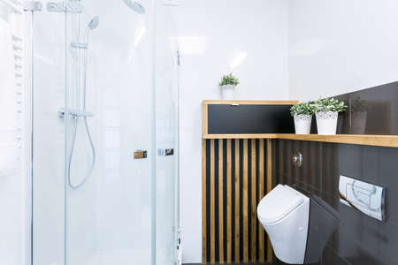 Modern shower with glass door in new bathroomの写真素材