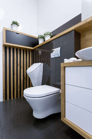 Vertical view of white toilet in new washroomの写真素材
