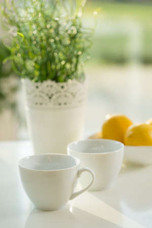 Close-up of two white porcelain cups on coffee tableの写真素材