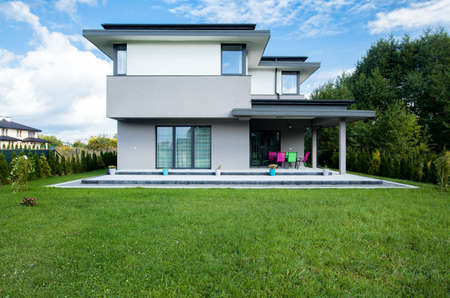 Photo of the new modern house with big gardenの写真素材