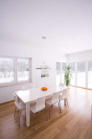Modern white dining room in minimalism styleの写真素材