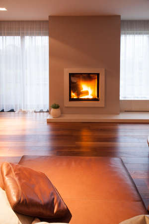 Burning fireplace in cozy living room interiorの写真素材