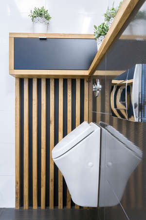 Toilet interior with urinar on the wallの写真素材