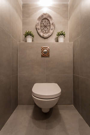 Image of new modern toilet with marble tiles