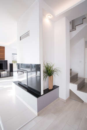 Vertical view of designed fireplace in contemporary apartment