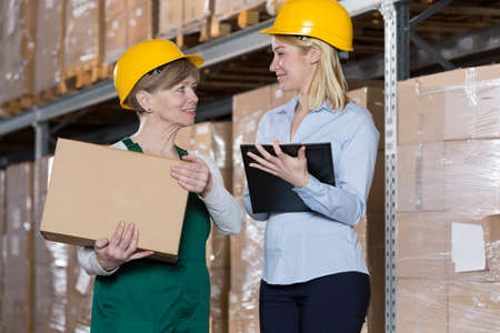 Female engineer talking with mature storage workerの写真素材