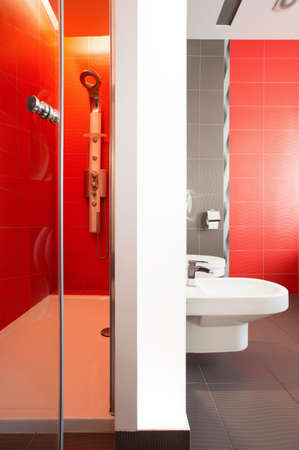 Luxurious red bathroom with spacious showerの写真素材