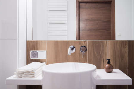 Close-up of porcelain washbasin in elegant toiletの写真素材