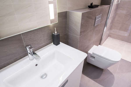 Modern beige bathroom interior - view from aboveの写真素材
