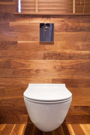 Wooden wall and floor in small toilet interiorの写真素材