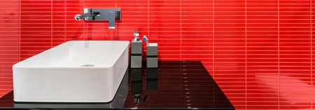 Elegant bathroom with white sink and red tiles, panoramaの写真素材
