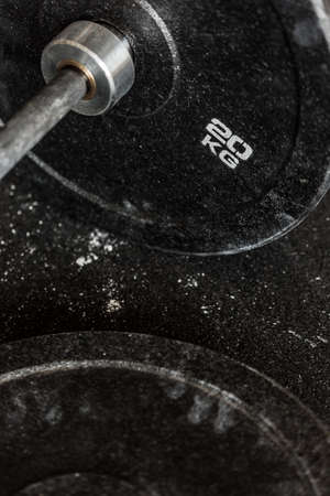 Close-up of twenty kilograms barbell plateの写真素材