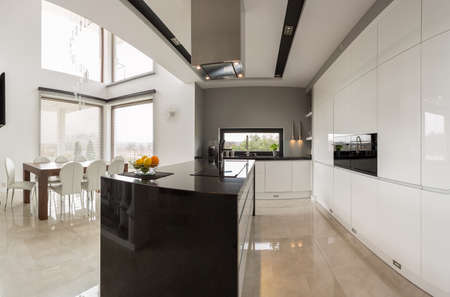 Big modern kitchen connected with spacious dining hallの写真素材